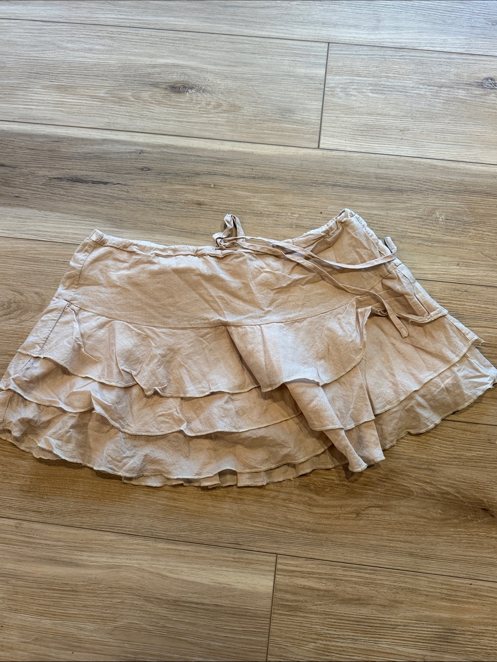 Beige Tiered Ruffle Mini Skirt with Tie Waist